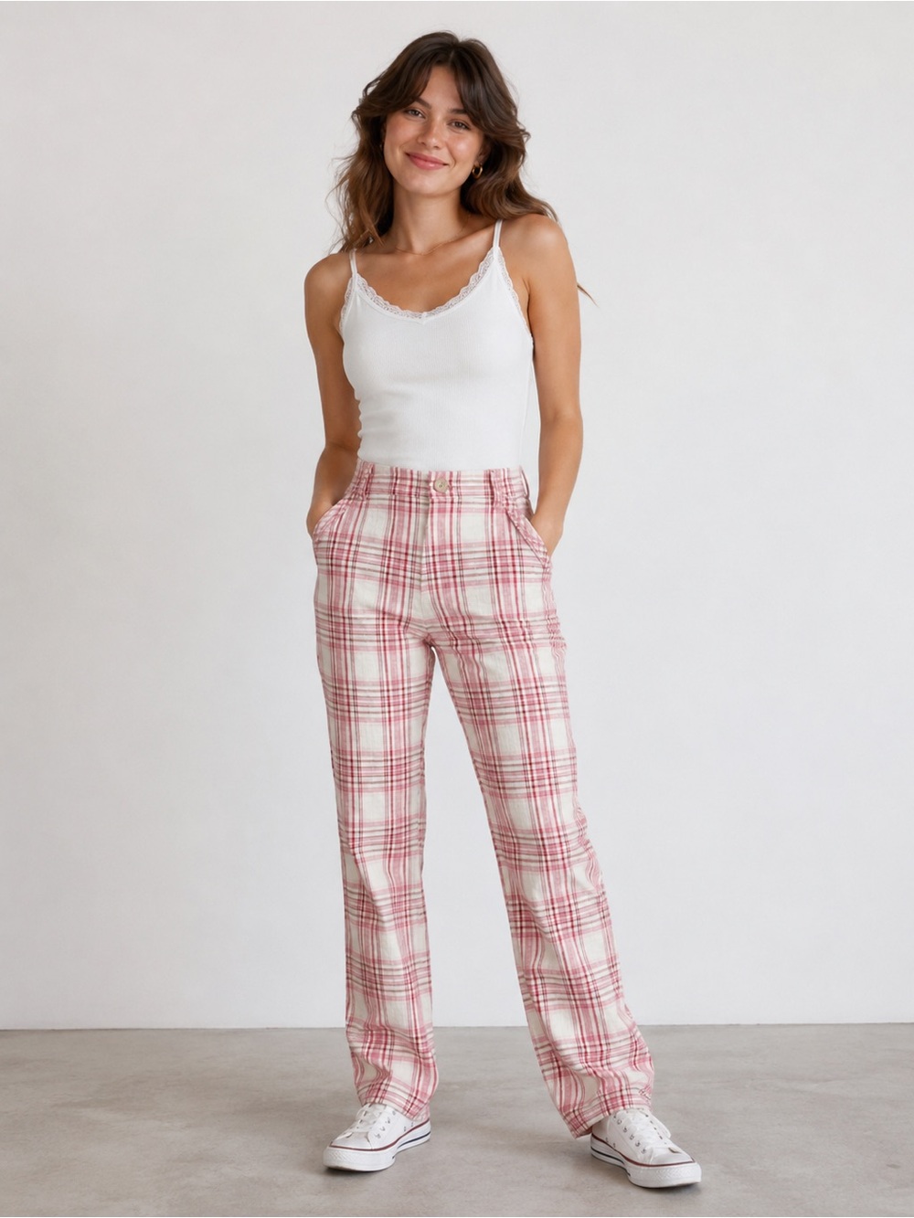 POL Boho Red,Pink & White Plaid Cotton Blend Pants Size Small